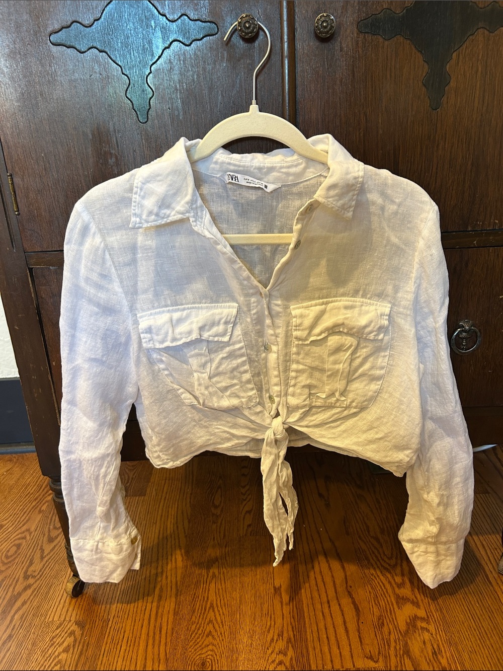 Zara White Linen Tie-Front Button-Down Shirt